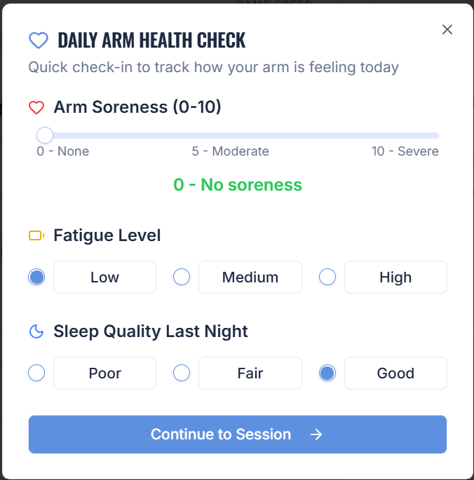 Daily arm health check-in with soreness slider, fatigue level, and sleep quality
