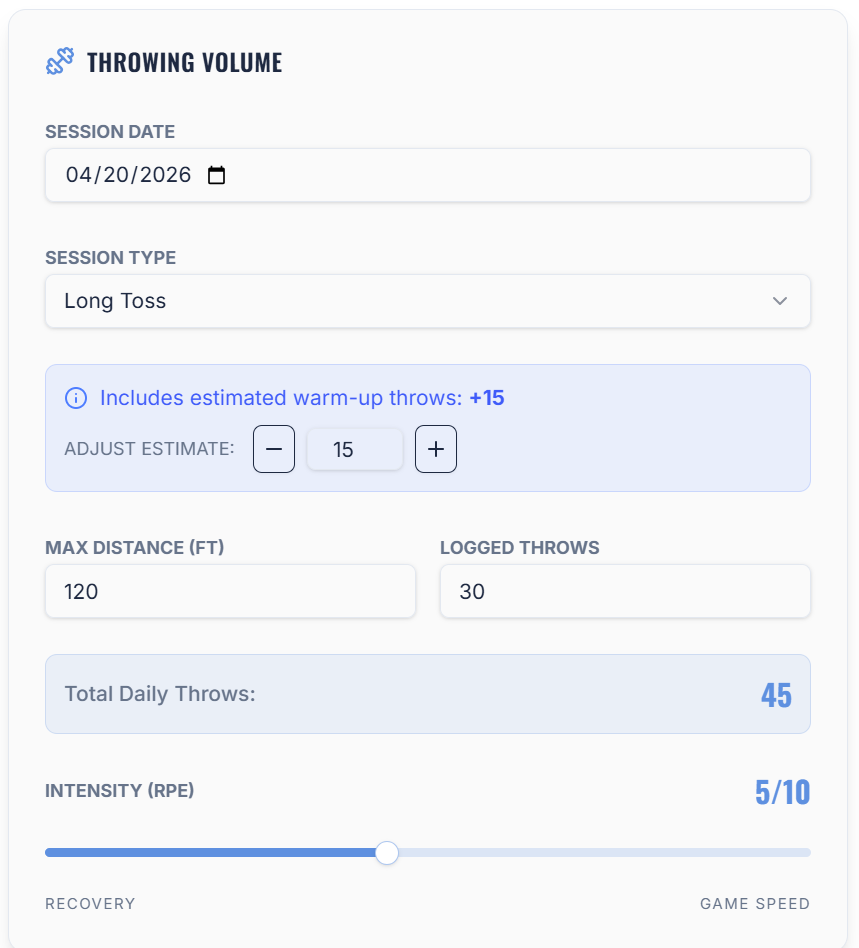 Track a session screen with long-toss type, warm-up throws, distance, and RPE slider